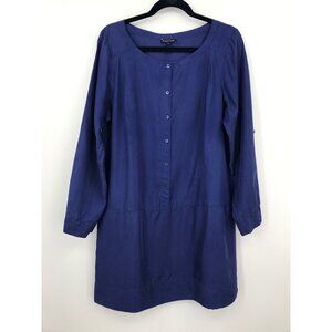 Eileen Fisher Button Shirt Silk Dress Navy Roll Tab Sleeve Size Medium